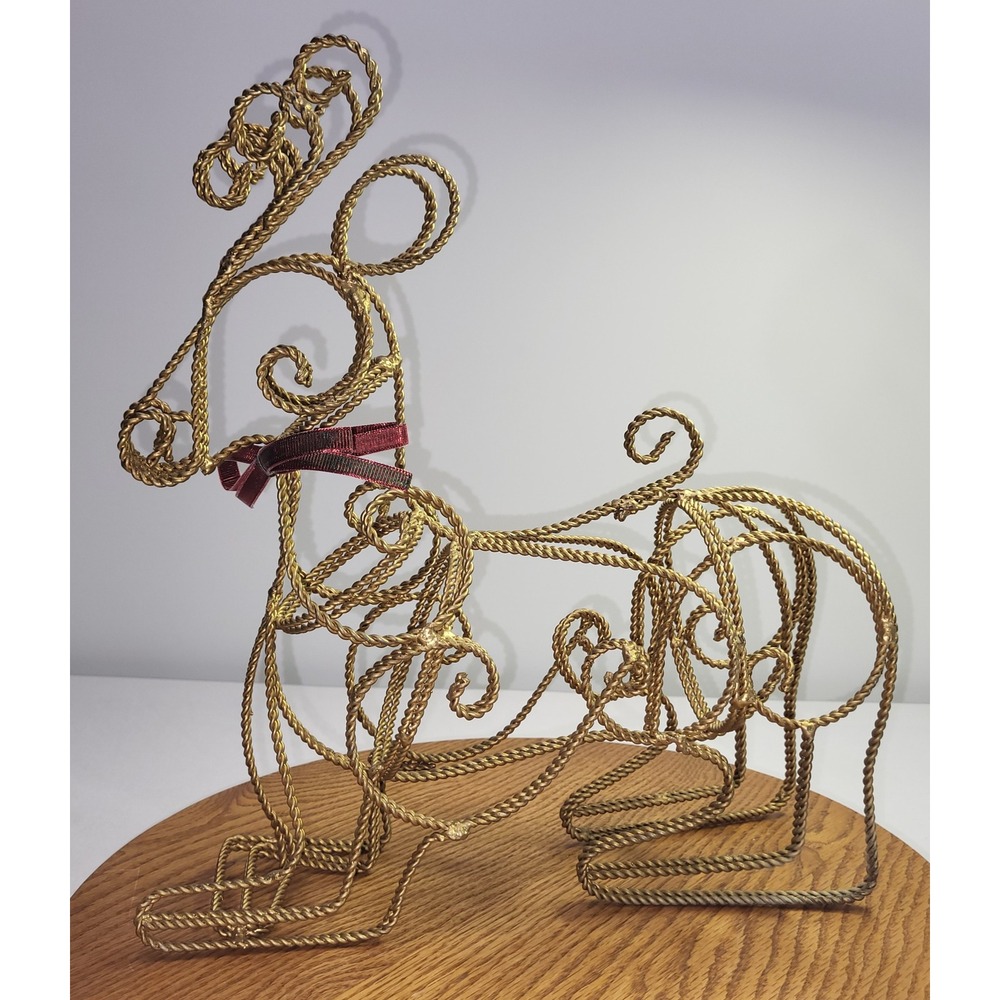 Reindeer Figurine Gold Twisted Wire Christmas Table Decor Holiday Ribbon